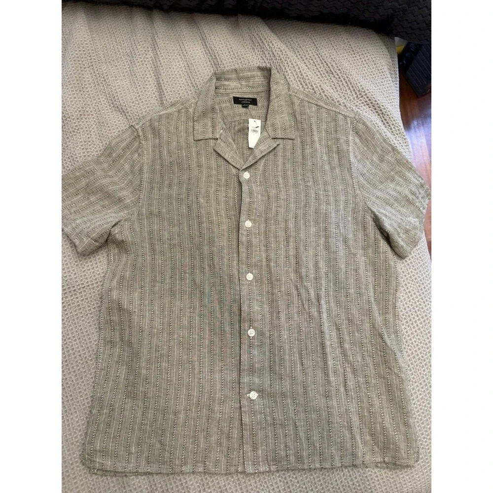 Banana Republic Linen Blend Button Down Camp Collar Shirt Grey Stripes Size L
